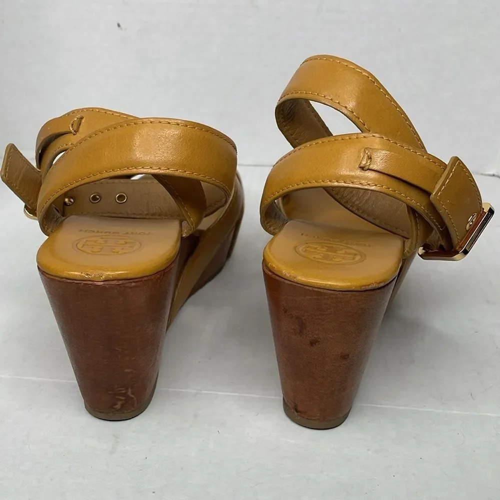 Tory Burch Almita Tan leather ankle strap wedge Sandals